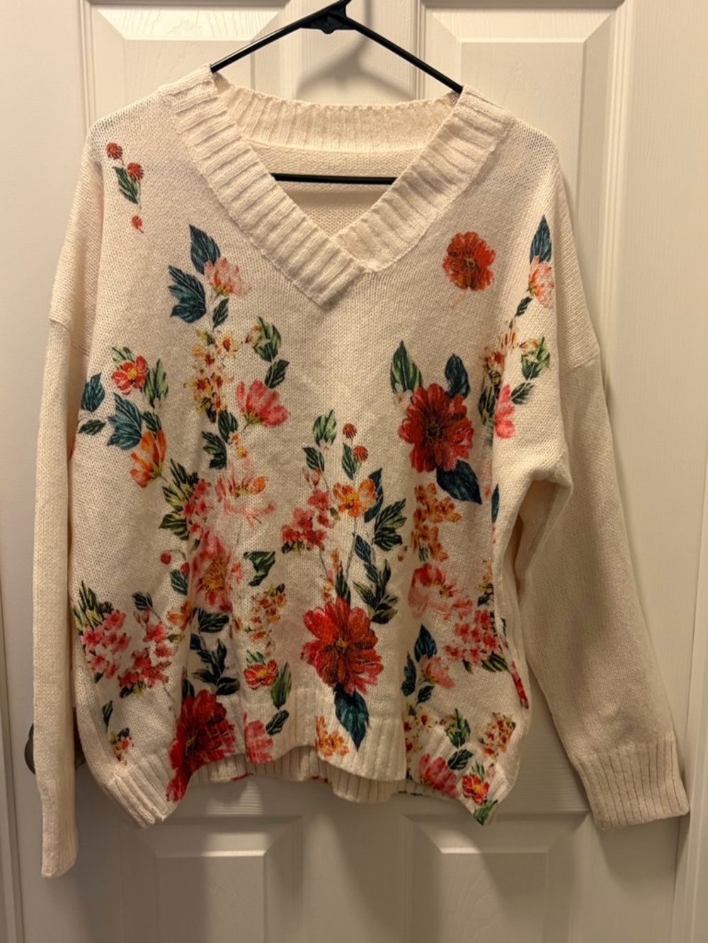 Cream Floral V-Neck Women's Sweater